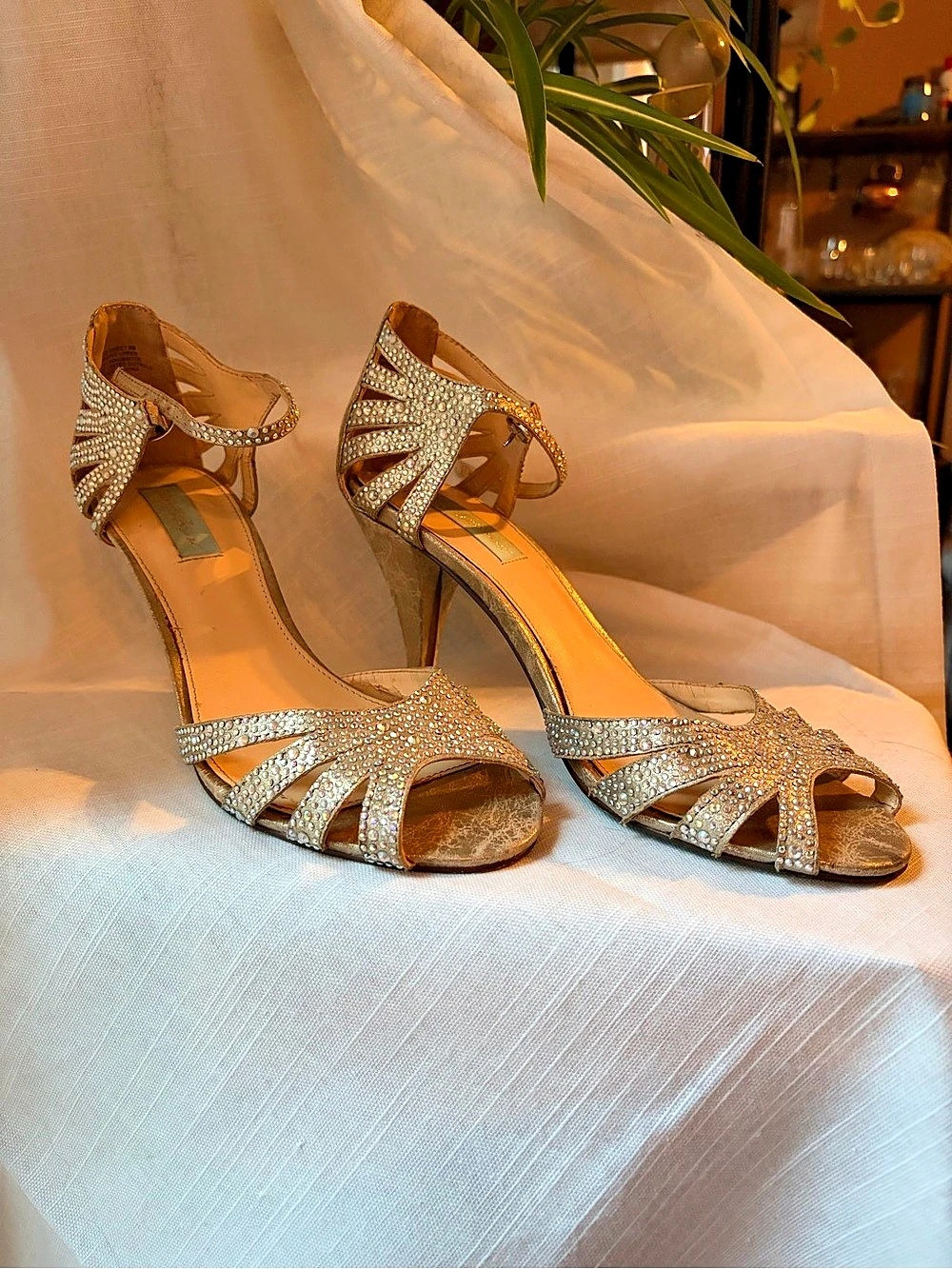 Betsey Johnson Rhinestone Ankle Strap Heels in Gold Size 9